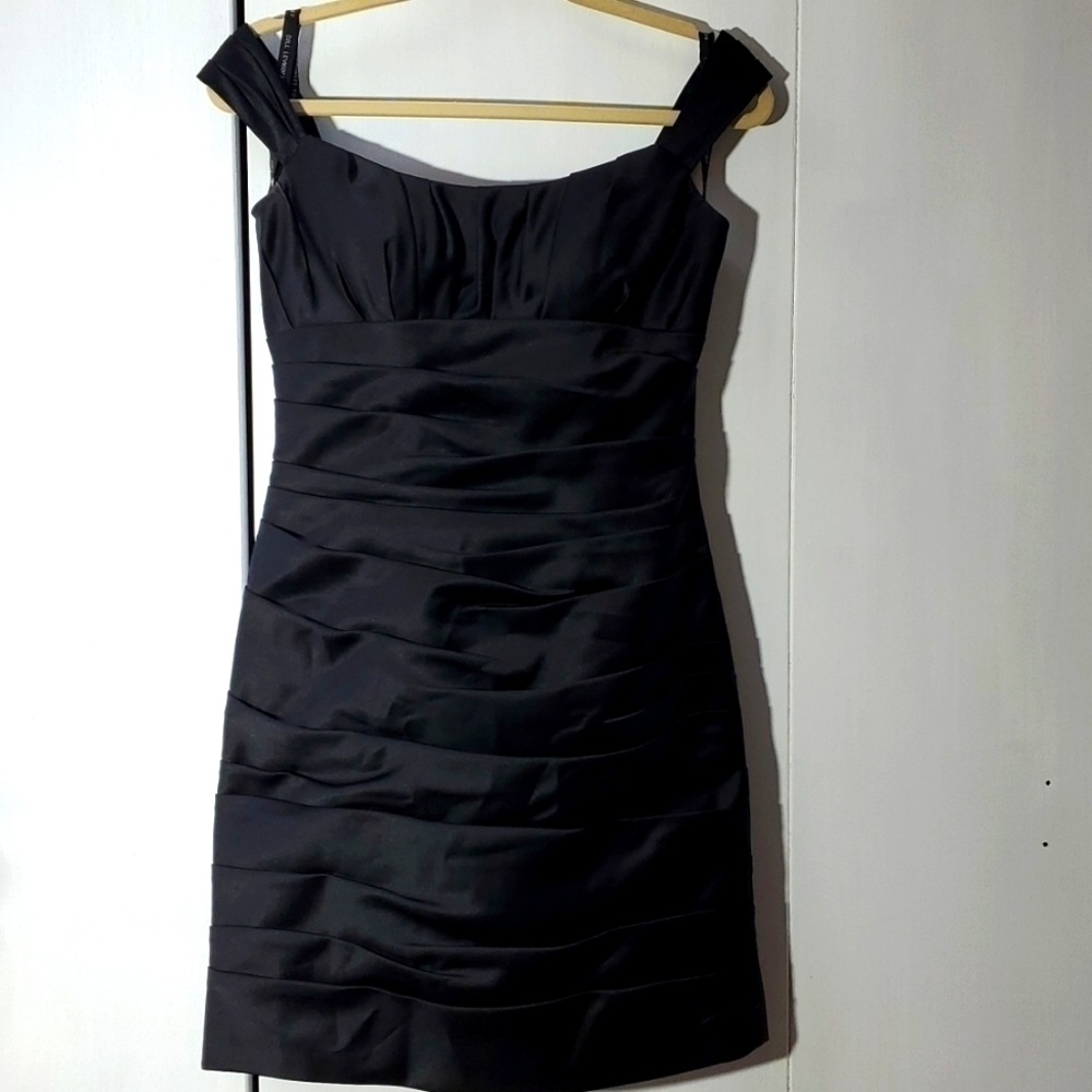 Bill Levkoff- Womens Black Satin Ruched Pleated LBD Mini Dress Chic Sz.6 - Picture 2 of 10
